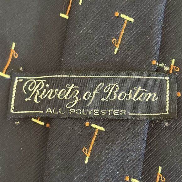 Vtg 70s Rivetz of Boston Navy Blue Polyester Wide Tie with Polo Mallet Print - Picture 4 of 4